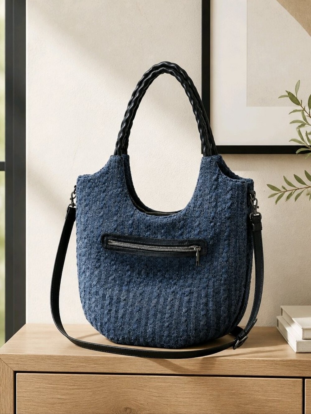 Patricia Nash Cable Knit Blue Tote W/Black Leather Accents Suede Interior